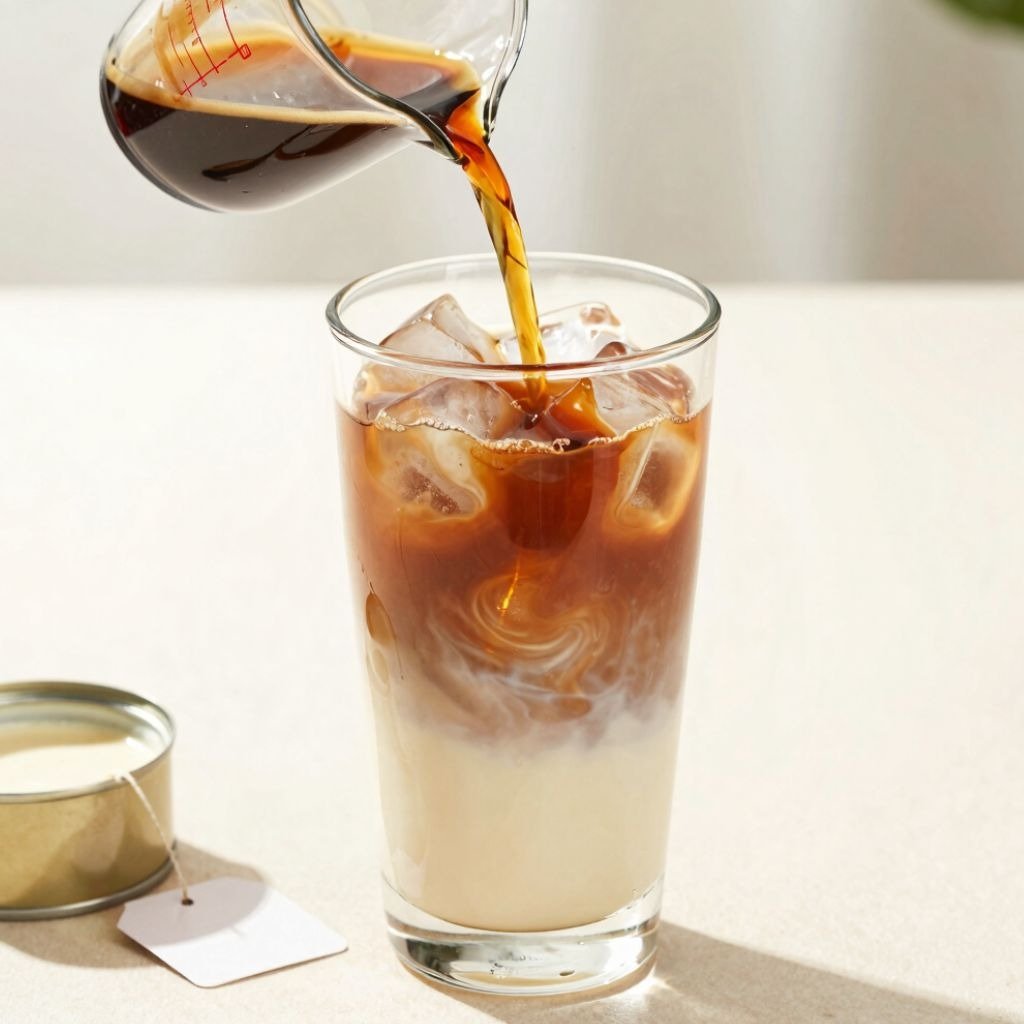 Freshly brewed chai tea being poured into a tall glass of iced coconut milk to make latte.