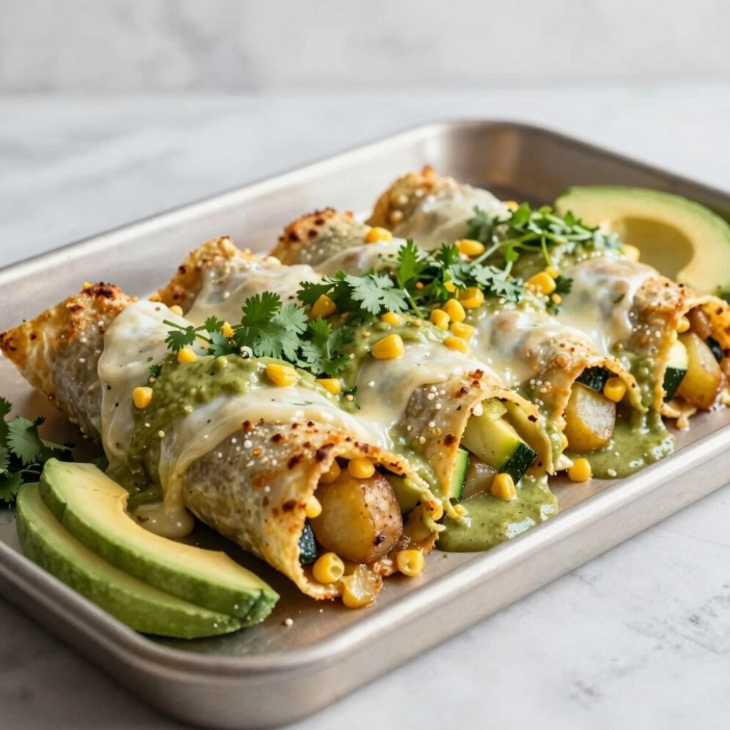 A baking dish of vegan vegetable enchiladas verdes topped with fresh avocado slices, salsa verde, an