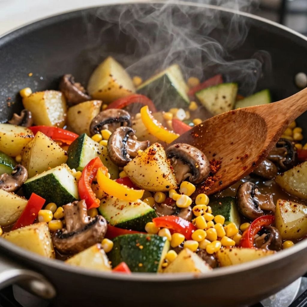 Fresh mixed vegetables including mushrooms, zucchini, corn, and peppers sautรฉing in a hot pan with steam rising.