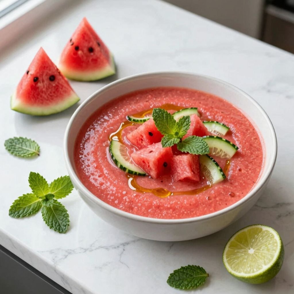 A white bowl of chilled watermelon gazpacho garnished with cucumber slices, mint leaves, and olive oil.