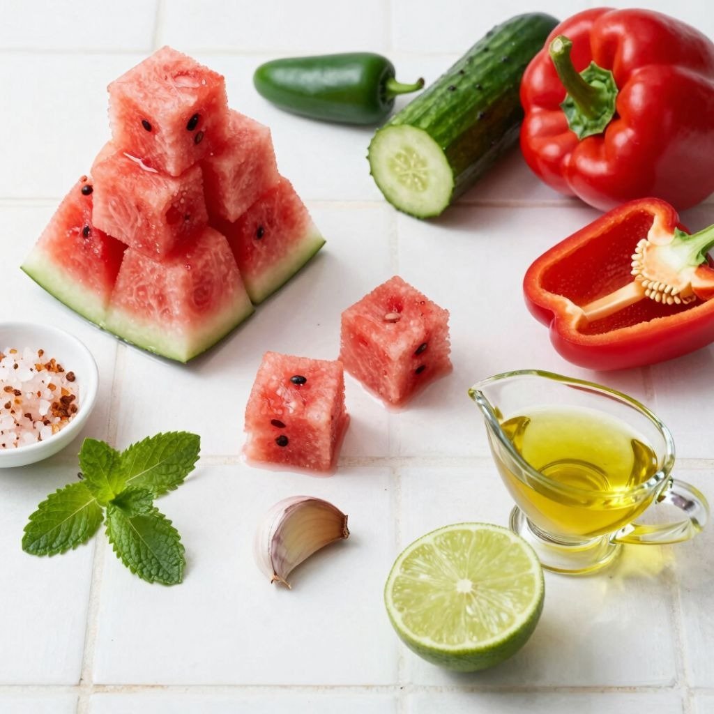 Fresh watermelon cubes, cucumber, red pepper, and lime arranged with olive oil for a healthy summer salad recipe.