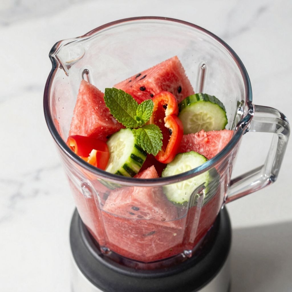 Fresh watermelon, sliced cucumber, red bell pepper, and mint leaves inside a glass blender for a hea