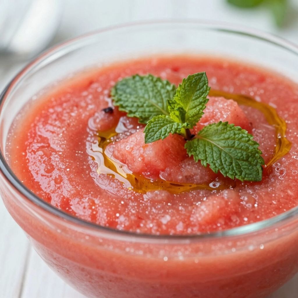 A glass bowl of fresh red watermelon gazpacho garnished with a mint sprig and a drizzle of olive oil.