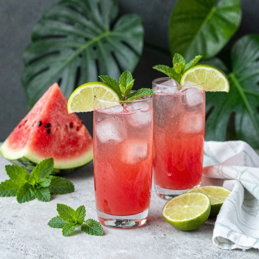 Refreshing watermelon mocktails with ice, fresh mint, and lime wedges.