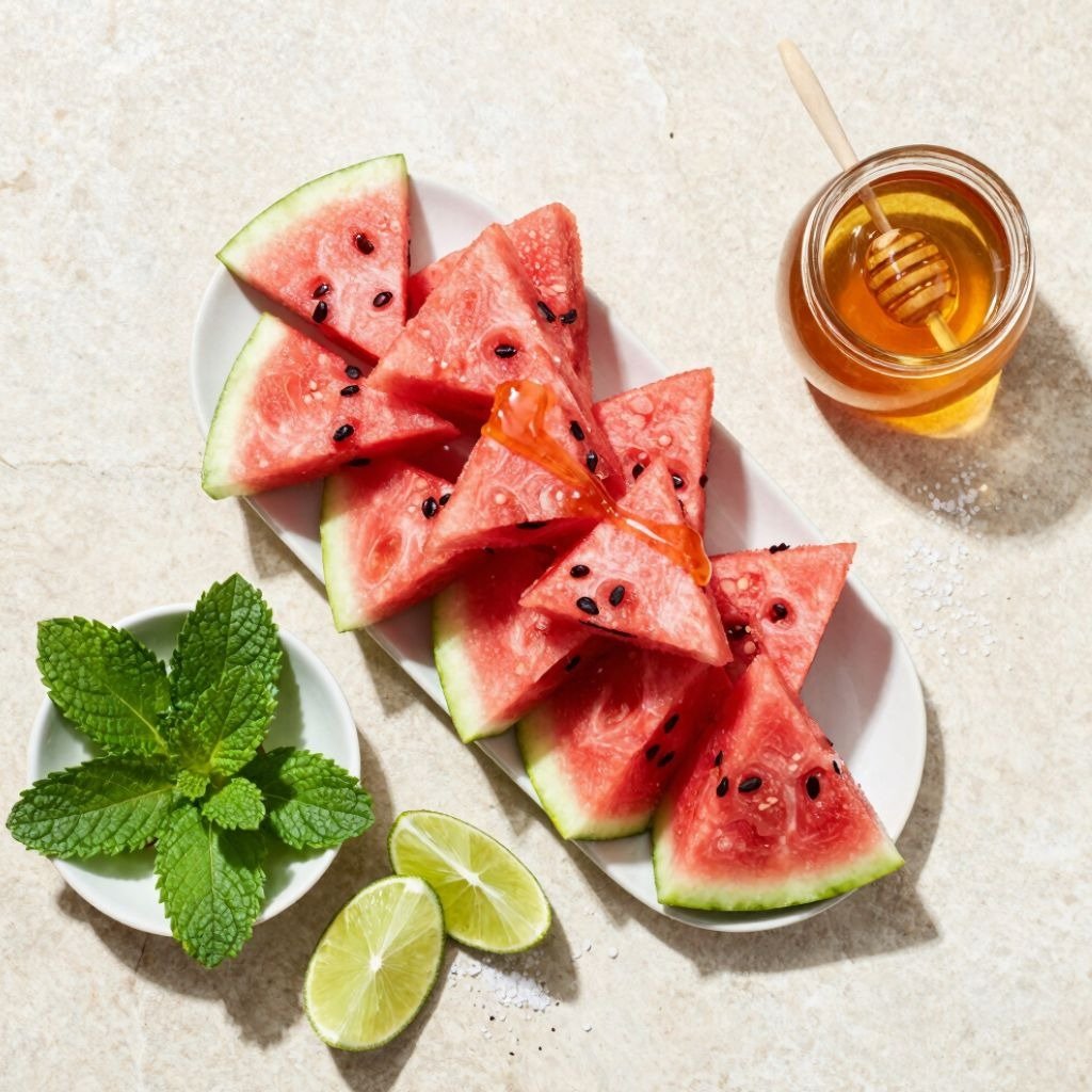Fresh watermelon wedges on a plate drizzled with honey, served with mint leaves and lime slices on a
