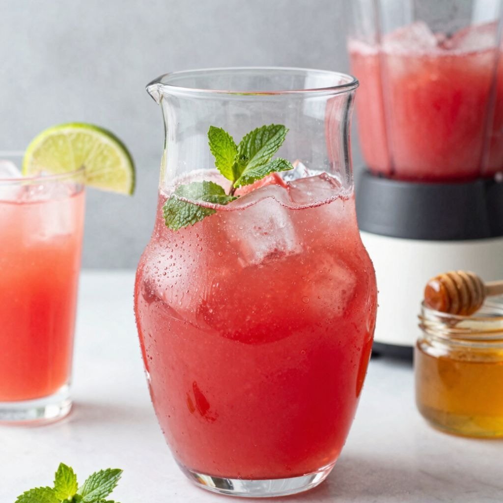 A glass pitcher of refreshing watermelon lime juice with ice cubes, fresh mint leaves, and honey on a marble table.