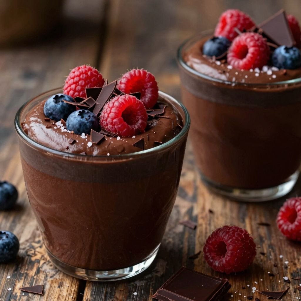 Two glasses of rich chocolate mousse topped with fresh raspberries, blueberries, and dark chocolate