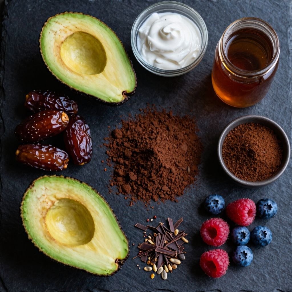 Avocado halves, cocoa powder, dates, honey, and yogurt on a slate board for a healthy chocolate mousse recipe.