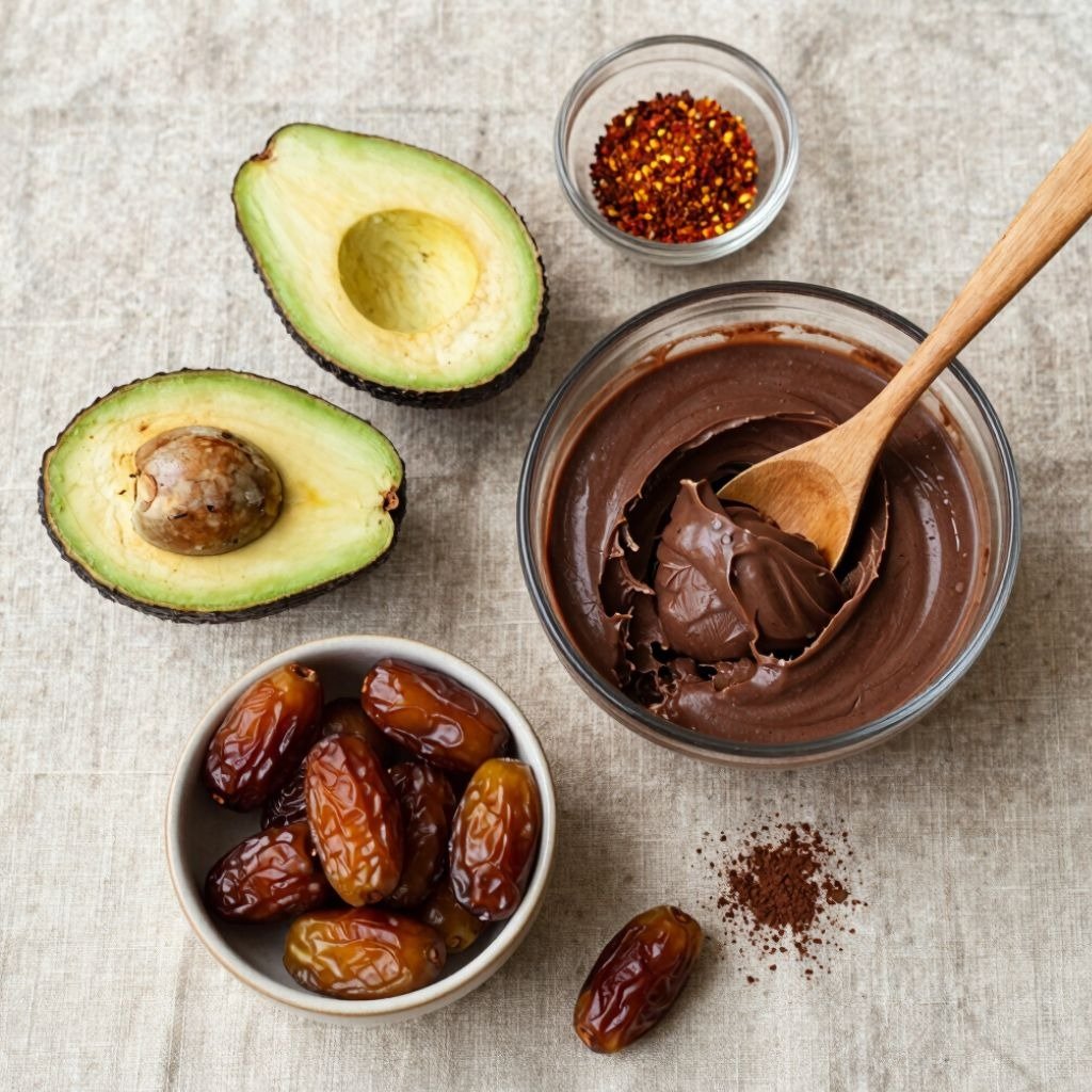 Creamy avocado chocolate mousse in a glass bowl with fresh dates, avocado halves, and chili flakes on a linen tablecloth.