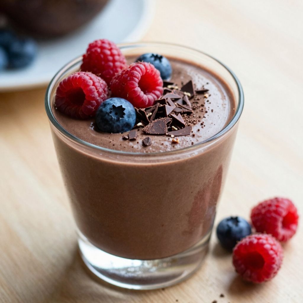 A glass of creamy chocolate mousse topped with fresh raspberries, blueberries, and dark chocolate shavings.
