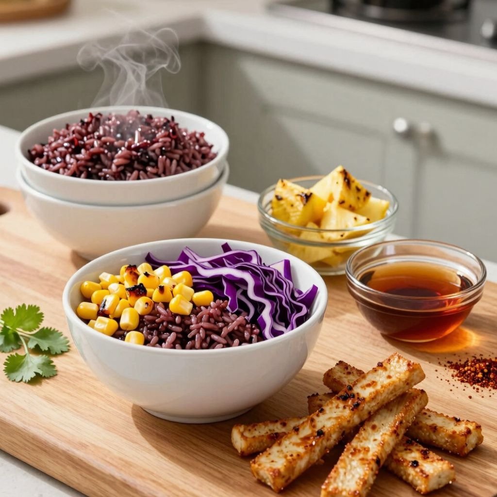 Healthy vegan bowl with forbidden purple rice, grilled corn, red cabbage, crispy tofu, and fresh pin